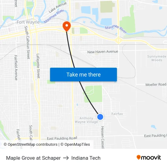 Maple Grove at Schaper to Indiana Tech map