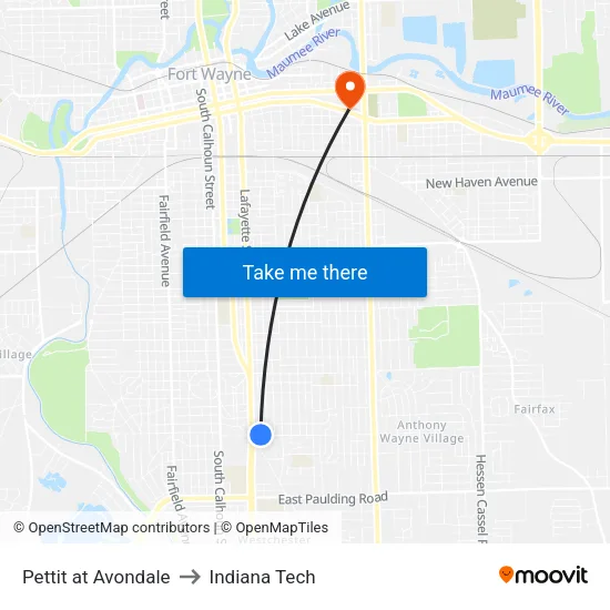 Pettit at Avondale to Indiana Tech map