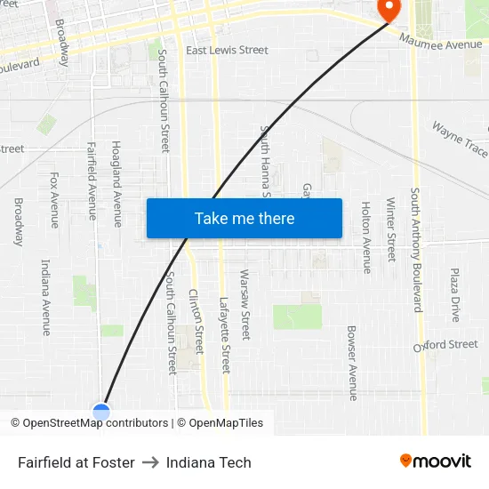 Fairfield at Foster to Indiana Tech map