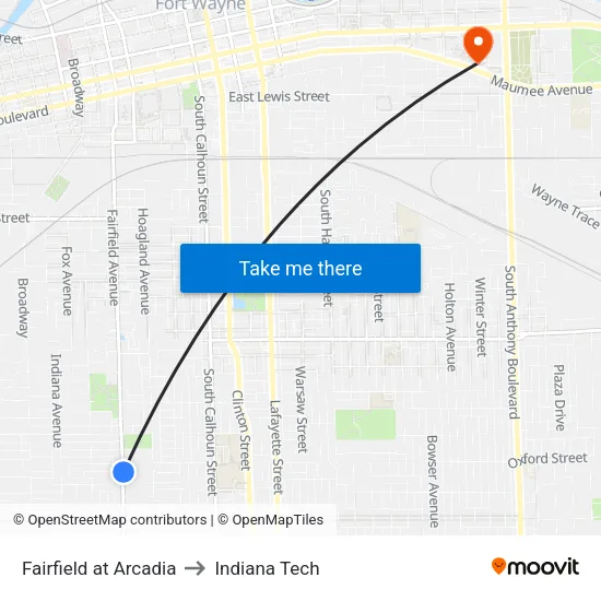 Fairfield at Arcadia to Indiana Tech map