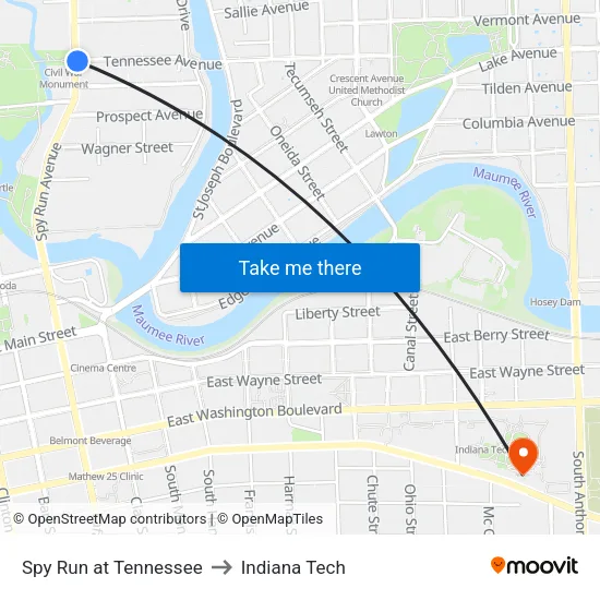 Spy Run at Tennessee to Indiana Tech map