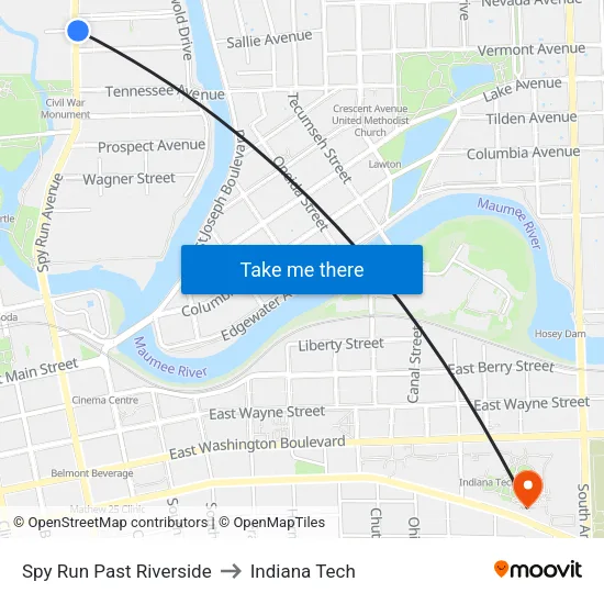 Spy Run Past Riverside to Indiana Tech map