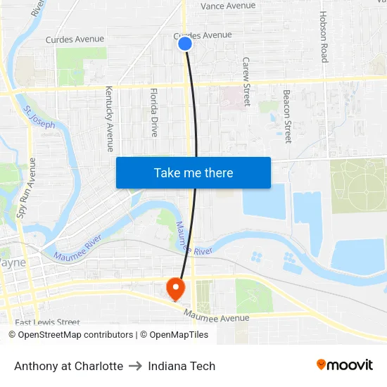 Anthony at Charlotte to Indiana Tech map