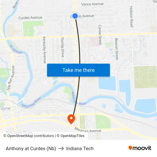 Anthony at Curdes (Nb) to Indiana Tech map