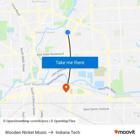 Wooden Nickel Music to Indiana Tech map