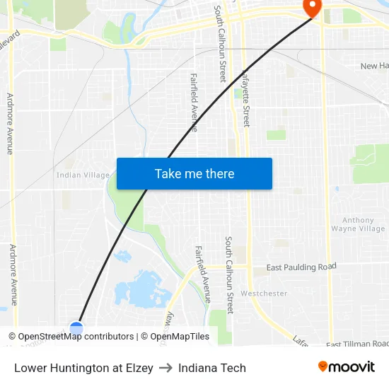 Lower Huntington at Elzey to Indiana Tech map