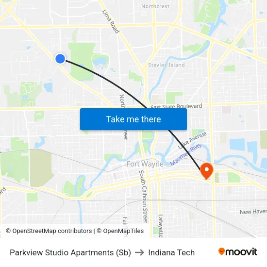 Parkview Studio Apartments (Sb) to Indiana Tech map