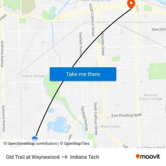 Old Trail at Waynewood to Indiana Tech map