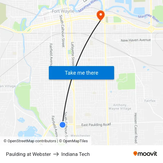 Paulding at Webster to Indiana Tech map