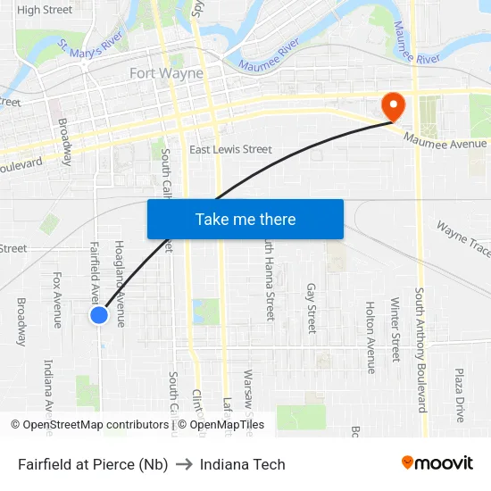 Fairfield at Pierce (Nb) to Indiana Tech map