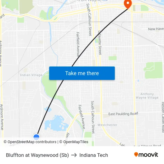 Bluffton at Waynewood (Sb) to Indiana Tech map
