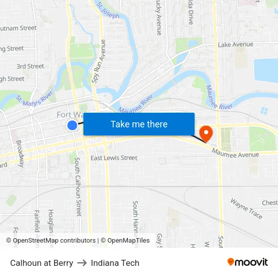 Calhoun at Berry to Indiana Tech map
