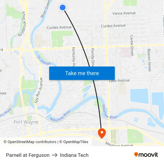 Parnell at Ferguson to Indiana Tech map