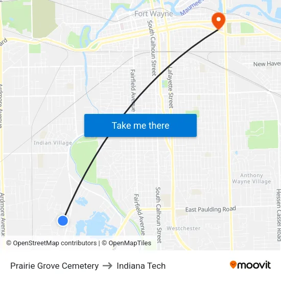 Prairie Grove Cemetery to Indiana Tech map