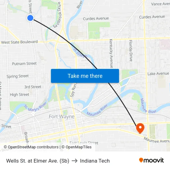 Wells St. at Elmer Ave. (Sb) to Indiana Tech map
