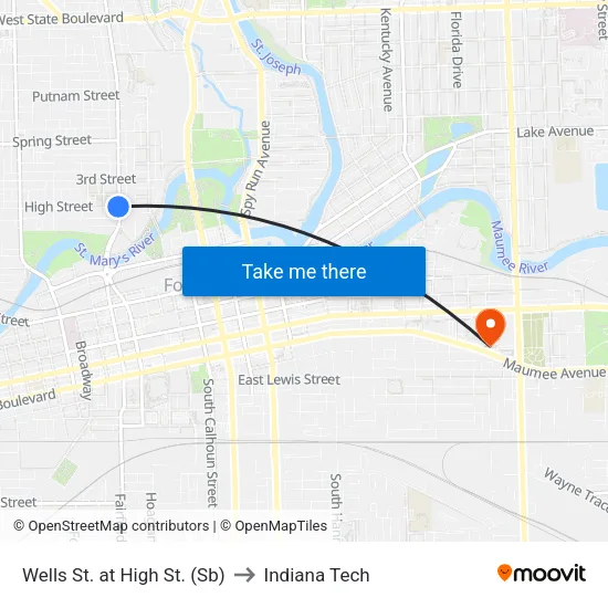 Wells St. at High St. (Sb) to Indiana Tech map