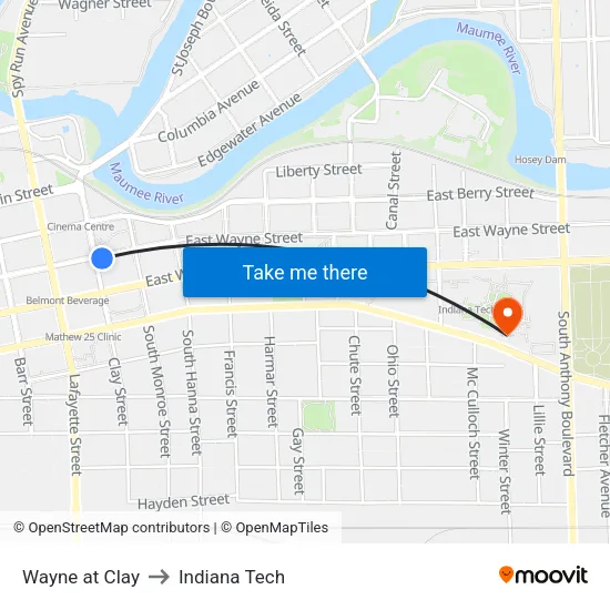 Wayne at Clay to Indiana Tech map