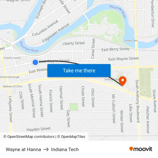 Wayne at Hanna to Indiana Tech map