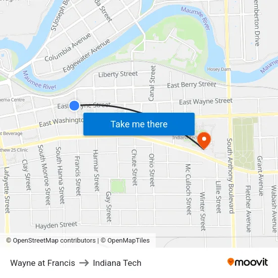 Wayne at Francis to Indiana Tech map