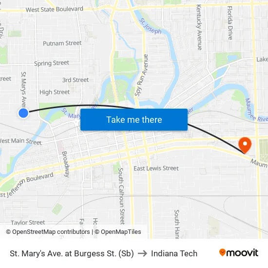 East Central Towers to Indiana Tech map