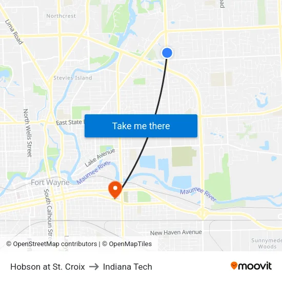 Hobson at St. Croix to Indiana Tech map