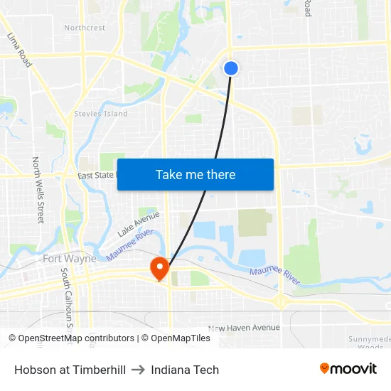 Hobson at Timberhill to Indiana Tech map