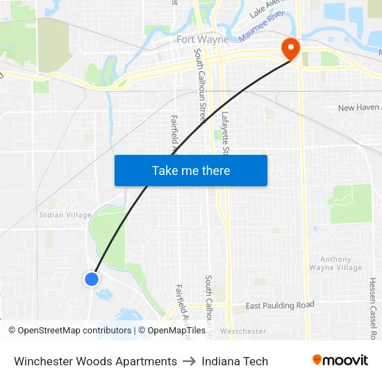 Winchester Woods Apartments to Indiana Tech map