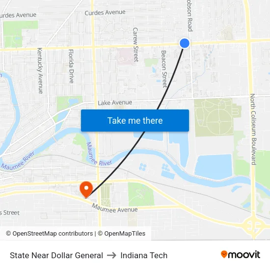 State Near Dollar General to Indiana Tech map