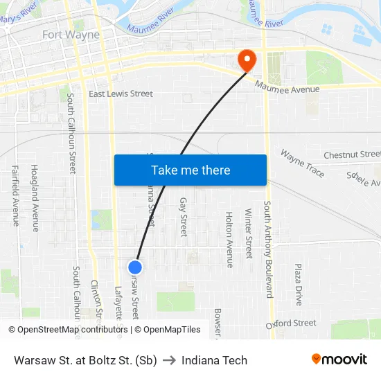 Randallia Dr. at Nevada Ave. (Sb) to Indiana Tech map