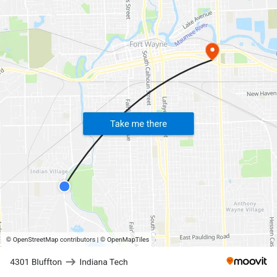 4301 Bluffton to Indiana Tech map