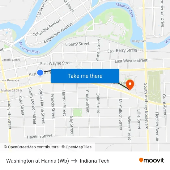 Washington at Hanna (Wb) to Indiana Tech map