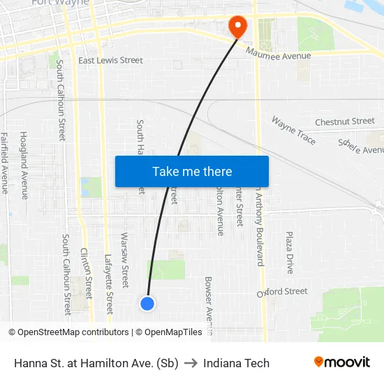 Washington Past Harmar (Wb) to Indiana Tech map
