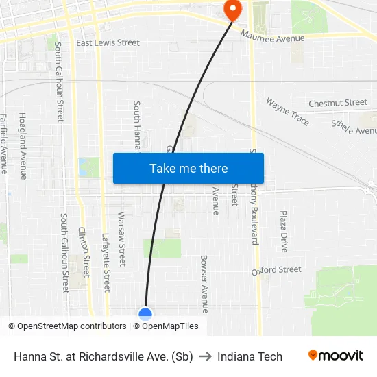 Wayne at Hanover to Indiana Tech map