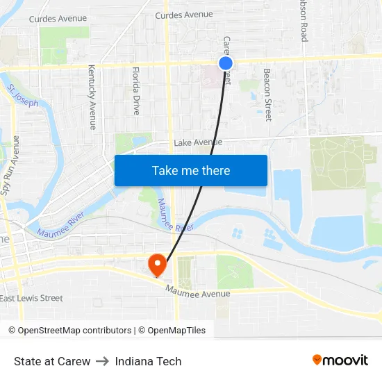 State at Carew to Indiana Tech map