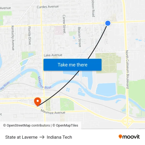 State at Laverne to Indiana Tech map