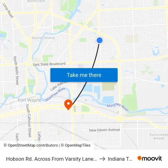 Hobson Rd. Across From Varsity Lane (Sb) to Indiana Tech map