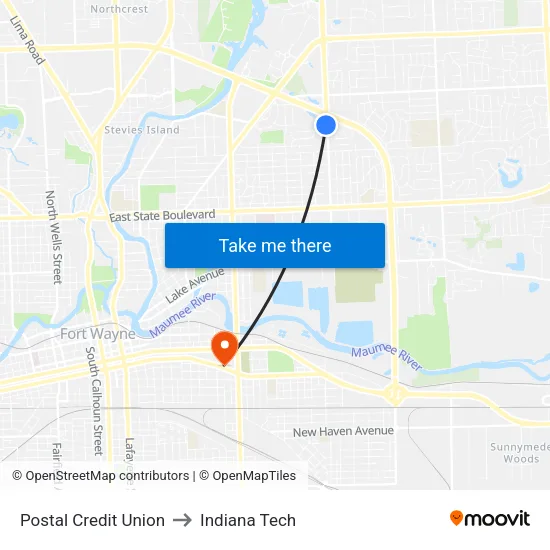 Postal Credit Union to Indiana Tech map