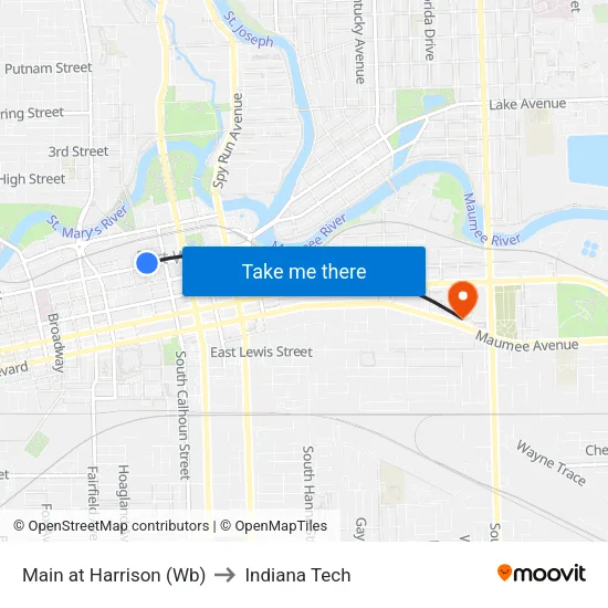 Main at Harrison (Wb) to Indiana Tech map