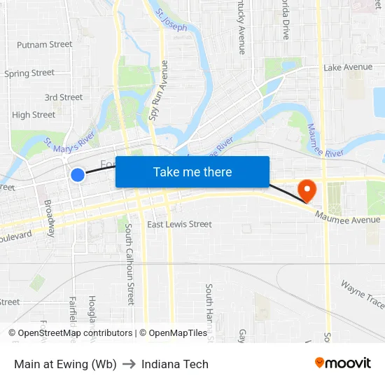 Main at Ewing (Wb) to Indiana Tech map