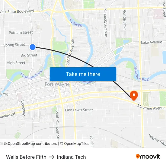 Wells Before Fifth to Indiana Tech map
