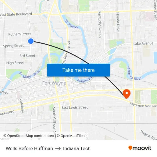 Wells Before Huffman to Indiana Tech map