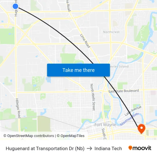 Huguenard at Transportation Dr (Nb) to Indiana Tech map