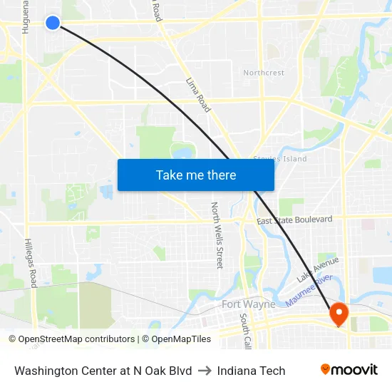 Washington Center at N Oak Blvd to Indiana Tech map