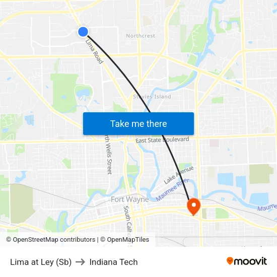 Lima at Ley (Sb) to Indiana Tech map
