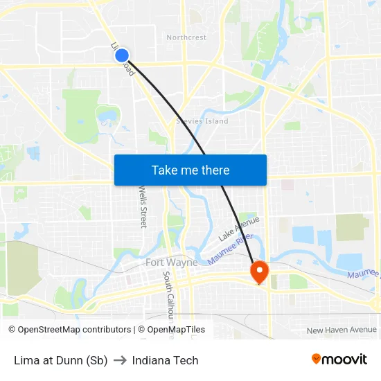 Lima at Dunn (Sb) to Indiana Tech map