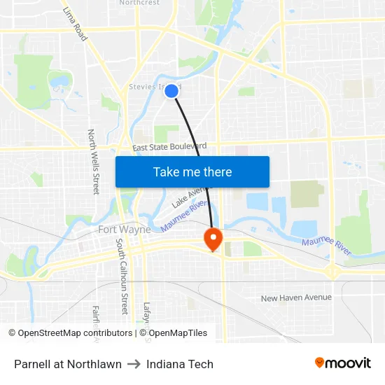 Parnell at Northlawn to Indiana Tech map