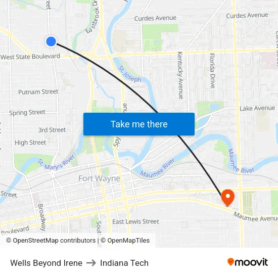 Wells at Irene to Indiana Tech map