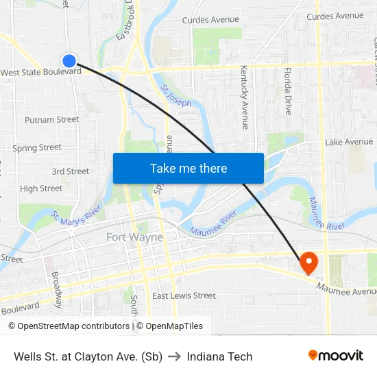 Wells St. at Clayton Ave. (Sb) to Indiana Tech map