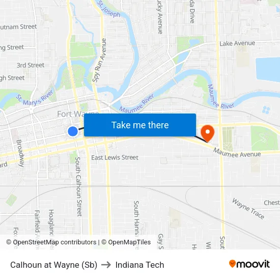 Calhoun at Wayne (Sb) to Indiana Tech map