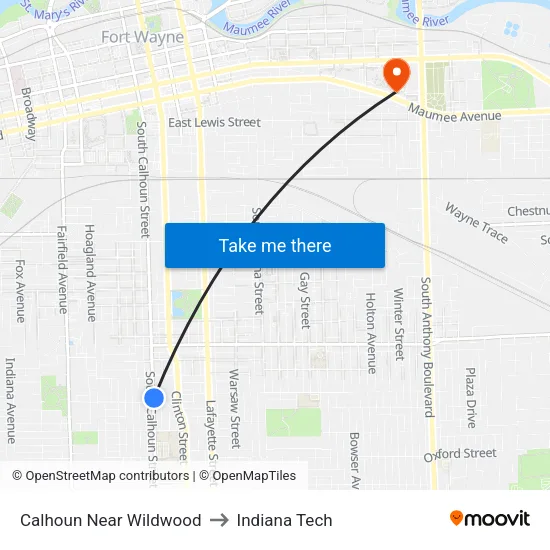 Calhoun Near Wildwood to Indiana Tech map